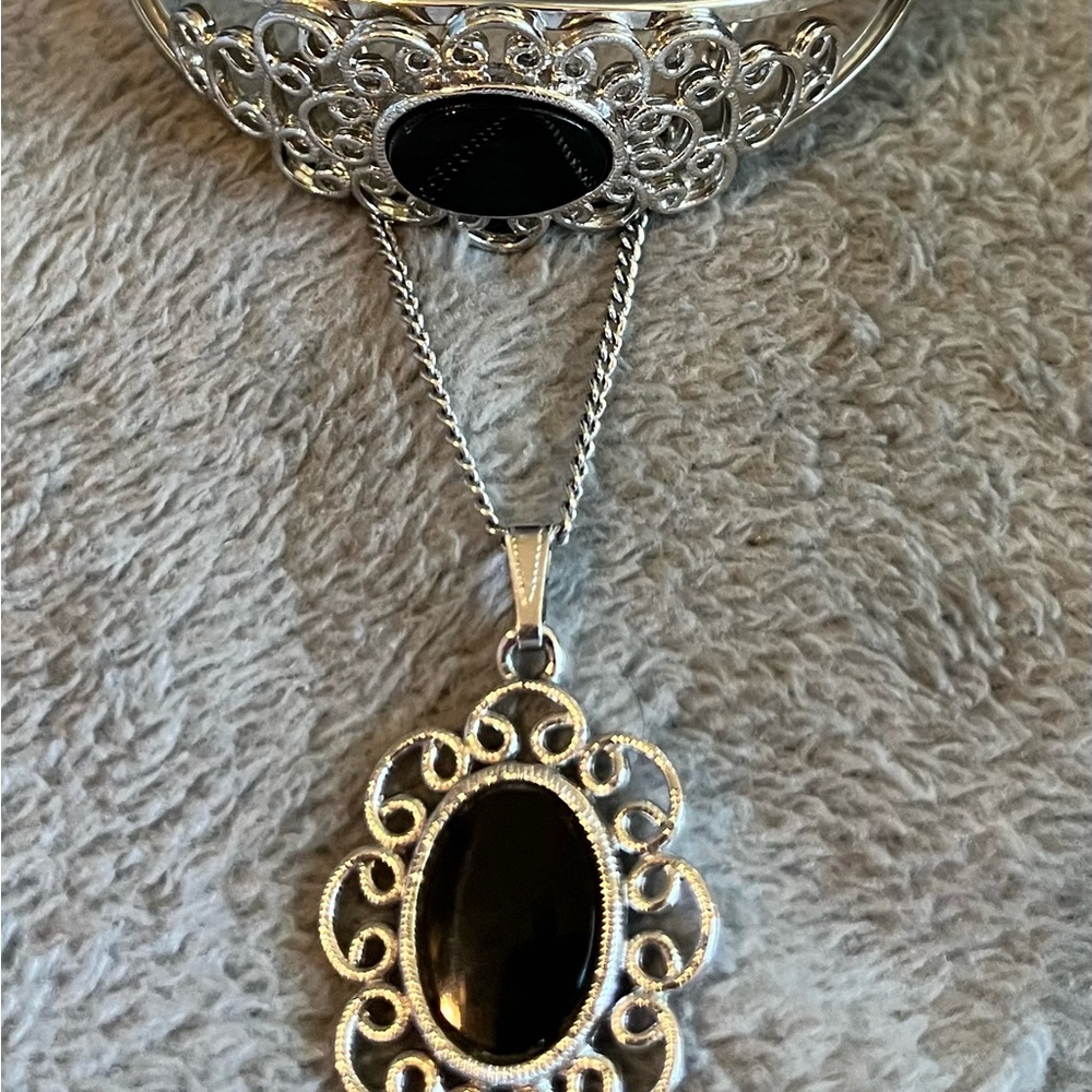 Vintage Silver and Black Sarah Coventry Necklace and Bracelet